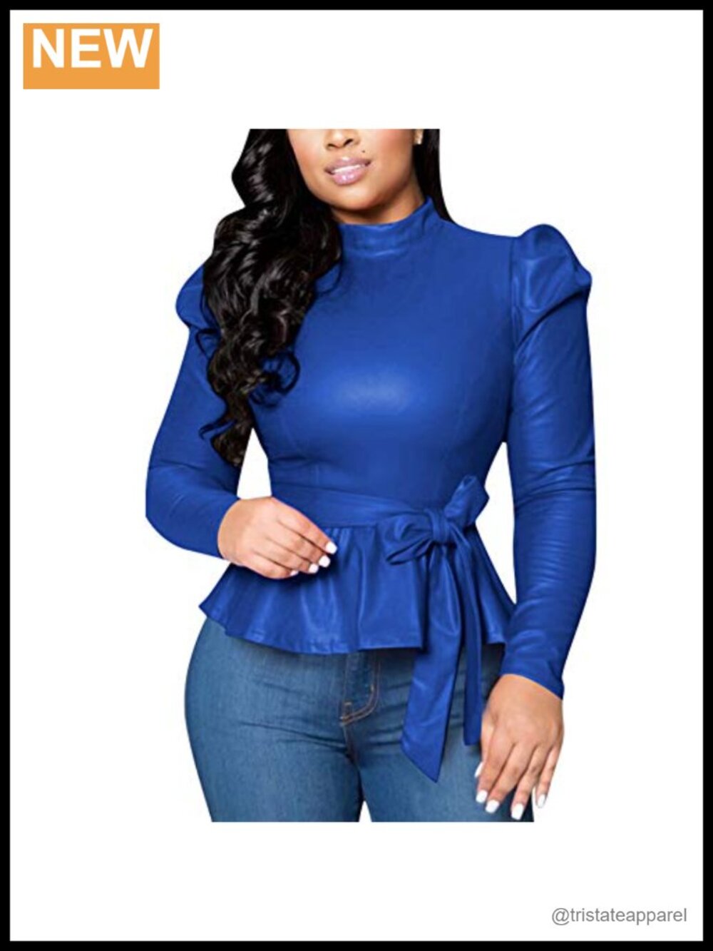 Women's Matte Faux Leather Mock Neck Long Sleeve Blouse Top with Belt